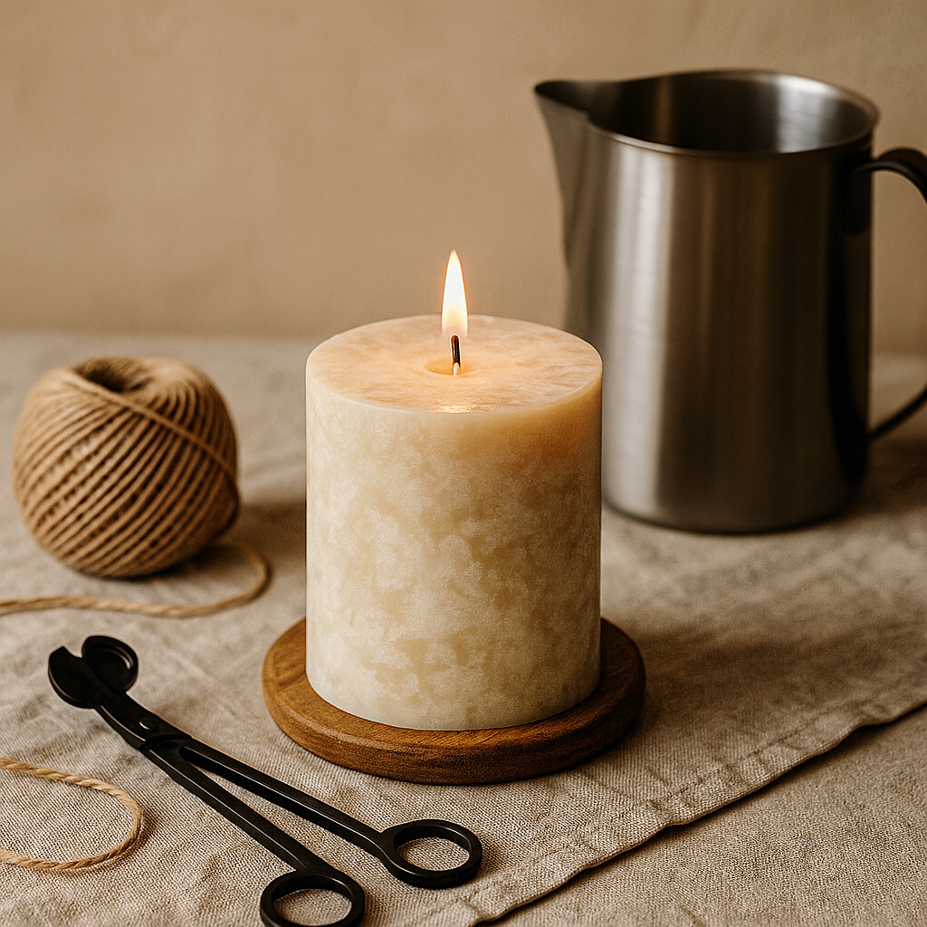 Mottling paraffin custom candles with a pot and wick trimmer