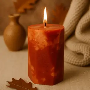 White Pumpkin Maple Crunch Candle is a lit mottled orange pillar candle with cozy fall background of warm tones, scattered leaves, and soft textures