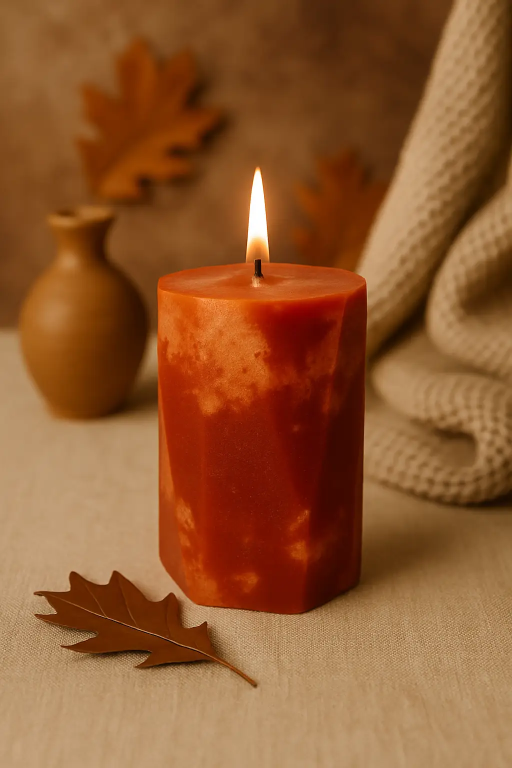 White Pumpkin Maple Crunch Candle is a lit mottled orange pillar candle with cozy fall background of warm tones, scattered leaves, and soft textures