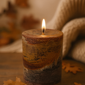 Falling Leaves candle is a premade candles with cozy fall background – mottled design in cranberry, pumpkin, and spice tones.