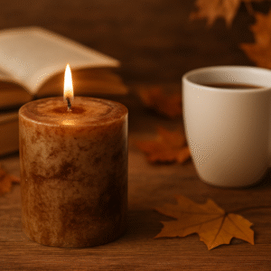 Hand-poured Mottled brown baked cinnamon pear candle lit on rustic table with coffee and fall leaves.
