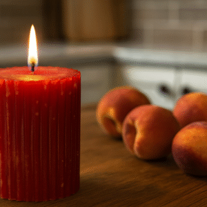 Georgia Peach Candle lit on kitchen counter with fresh peaches in background