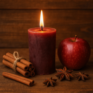 Lit apple cinnamon candle with red apple and cinnamon sticks on rustic wood background