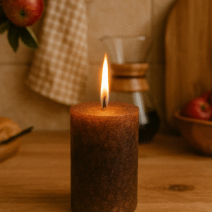 Apple Maple Bourbon candle with warm cozy glow on wooden surface