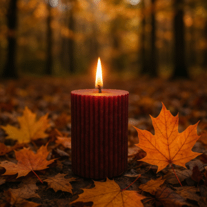 Autumn leaves candle lit in a cozy autumn forest setting