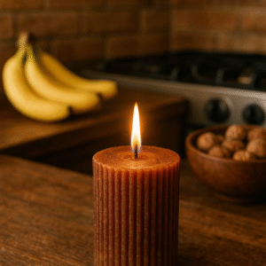 Banana Nut Bread candle lit in cozy kitchen with bananas and nuts in background