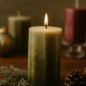 Bayberry Ombre Candle – 14 oz octagon pillar glowing in holiday candlescape with pinecone and greenery