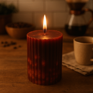 Lit caramel coffee candle in cozy kitchen with coffee mug and beans
