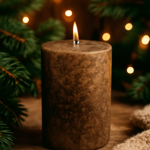 Cozy Christmas scene featuring a single rustic brown Reindeer Poo candle on a festive background with pine branches, warm holiday lights, and soft wood textures for a welcoming winter atmosphere