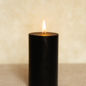 Mocha Rum Delight Candle – 14 oz black pillar lit on neutral cream background, hand-poured artisan paraffin